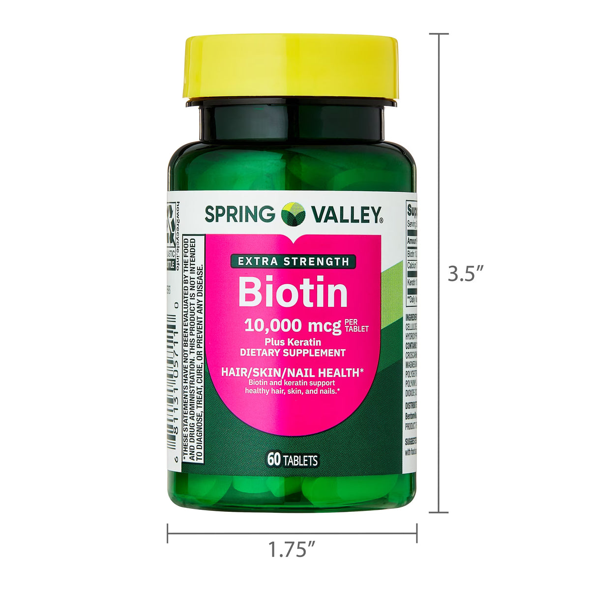 Spring Valley Extra Strength Biotin Plus Keratin Dietary Supplement Tablets for Hair/Skin/Nail Health, 10,000 mcg, 60 Count