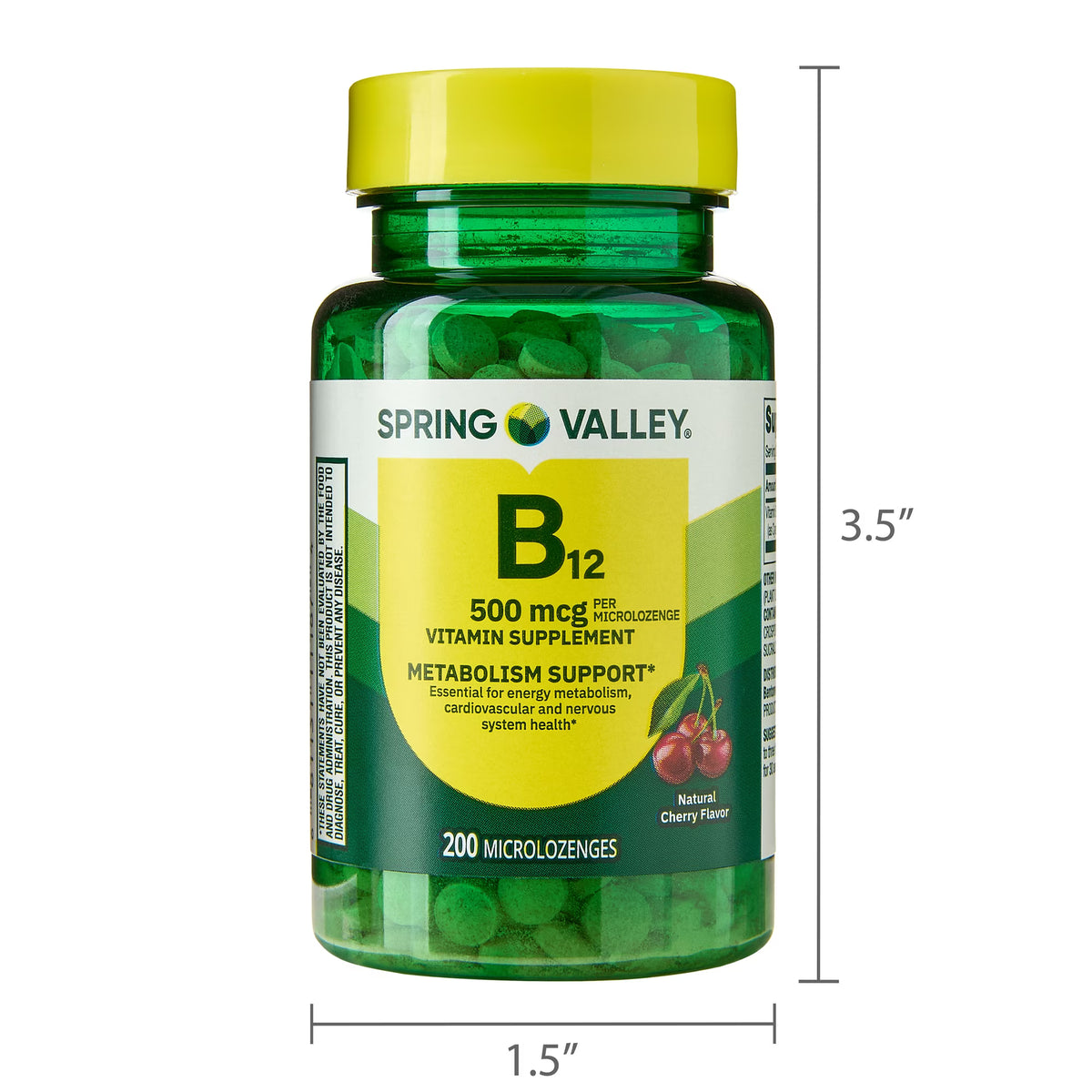 Spring Valley Sublingual Vitamin B12 Supplement, Cherry Flavor, 500 mcg, 200 Count, Microlozenges for Metabolism Support