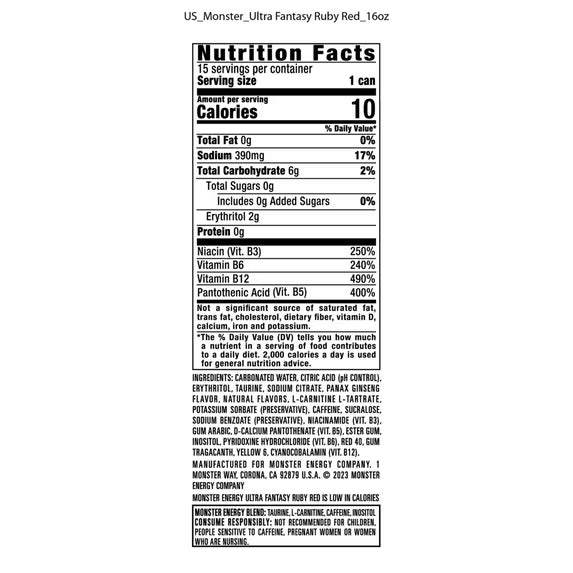Monster Energy Ultra, Fantasy Ruby Red, Sugar Free Energy Drink, 16 Fl Oz