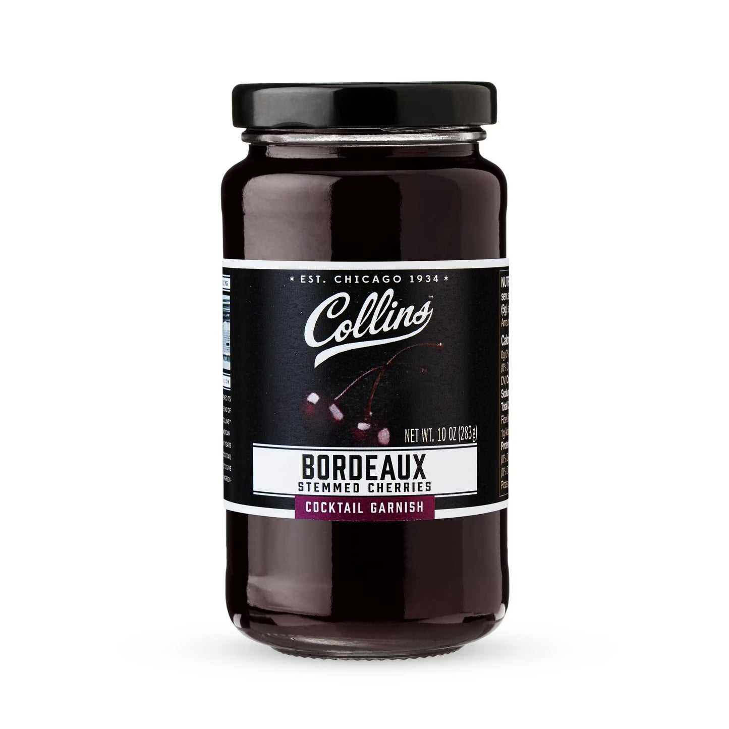 Collins Bordeaux Stemmed Cherries | Premium, Dark Cherry Garnish for Cocktails, Manhattan, and Old Fashioned, 10oz