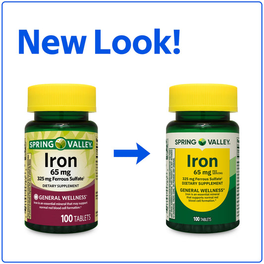 (3 pack) Spring Valley Iron General Health & Wellness Dietary Supplement Tablets, 65 mg, 100 Count