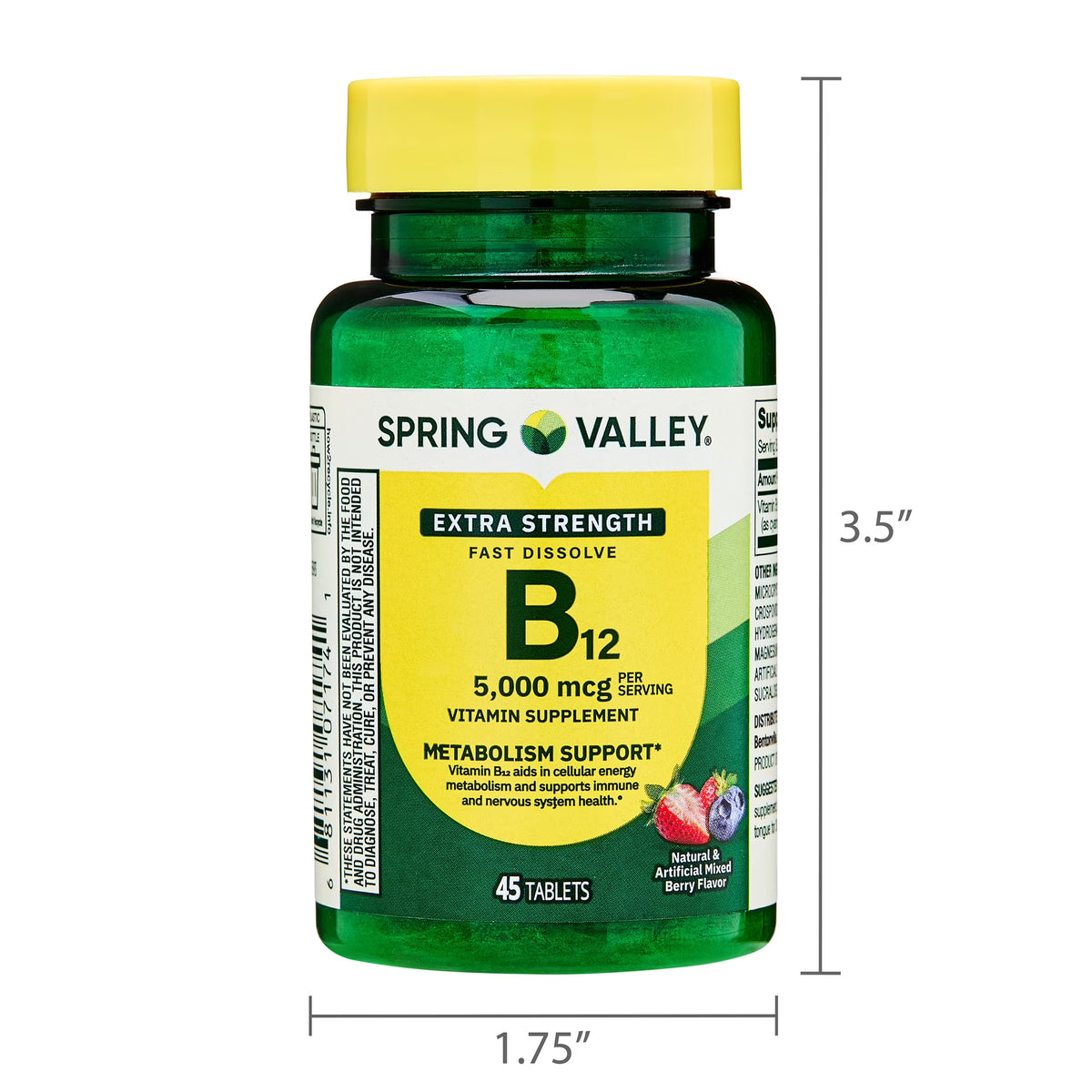 Spring Valley Fast-Dissolve Extra Strength Vitamin B12 Dietary Supplement Tablets for Metabolism Support, Mixed Berry, 5000 mcg, 45 Count