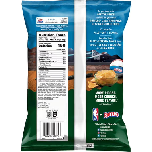 Ruffles Potato Chips Jalapeno Ranch Flavored 8.0 oz Bag