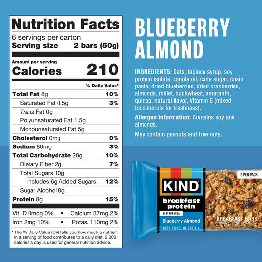 KIND Blueberry Almond Breakfast Protein Bars, 6-Count, 1 Cardboard Box