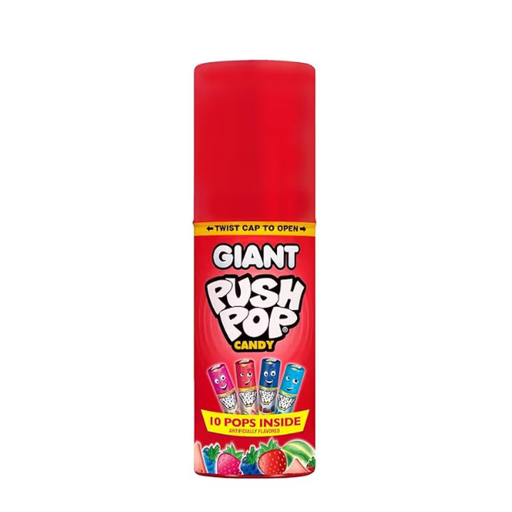 Giant Push Pop Container with Individually Wrapped Lollipop Variety Party Pack , 10 Lollipops Suckers in Assorted Fruity Flavors inside candy container, Fun Candy for Gifts