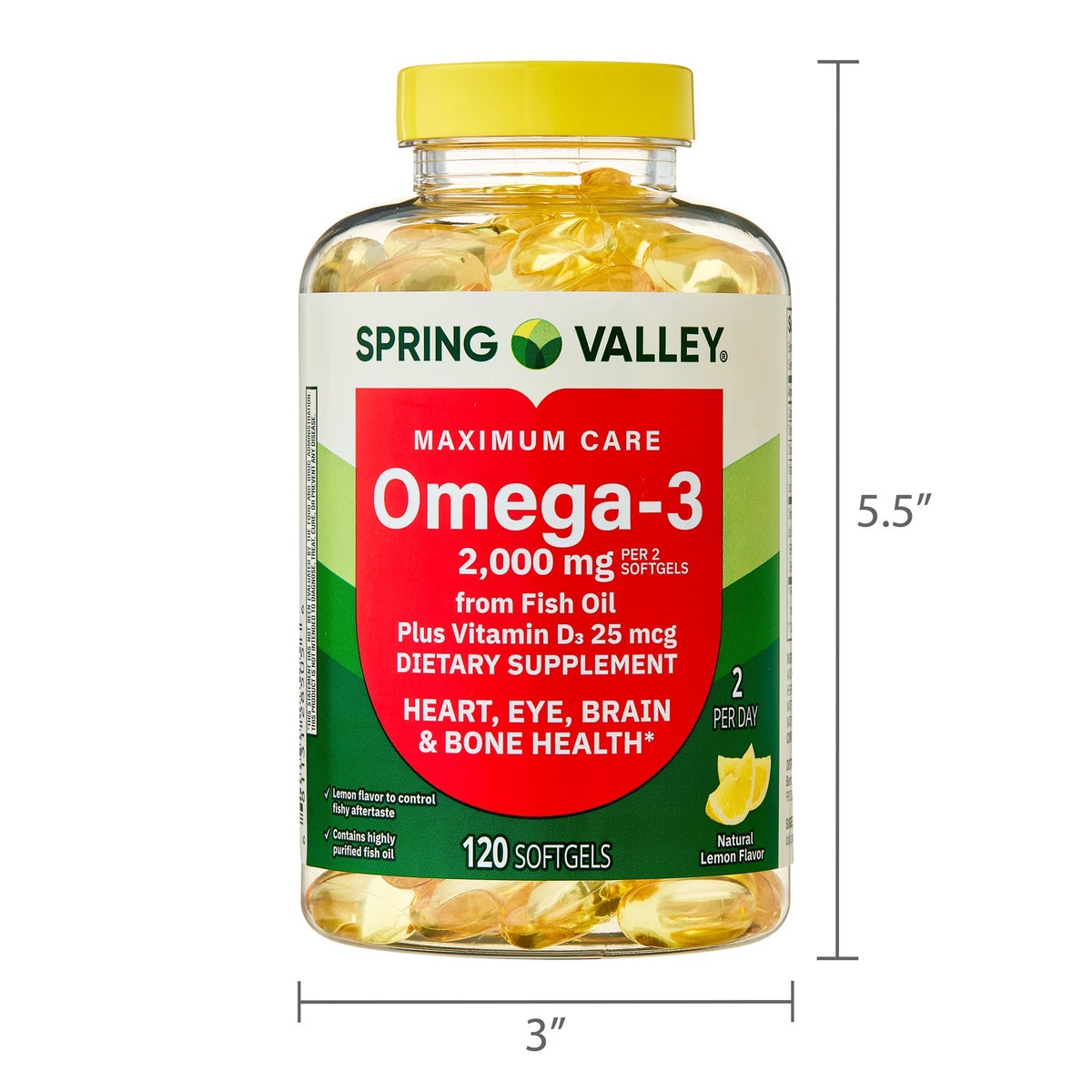 Spring Valley Maximum Care Omega-3 from Fish Oil Dietary Supplement Softgels for Eye Brain Bone & Heart Health, 2000 mg, 120 Count