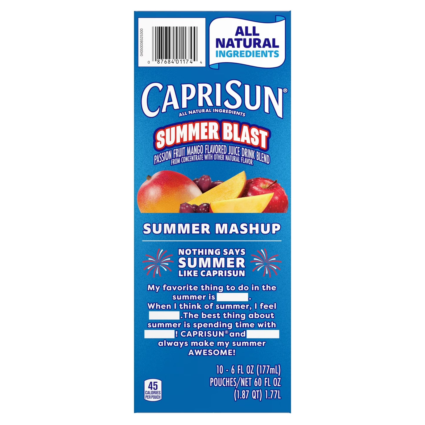 Capri Sun Summer Blast Passion Fruit Mango flavored Juice Drink Blend, from concentrate with other natural flavor, 10 Count Box, 6 fl oz Pouches
