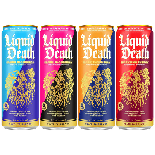 Liquid Death Sparkling Energy Variety Pack, Zero Sugar Energy Drink, Unextreme Caffeine 100mg, Essential Vitamins, 4 Flavors: Strawberry, Tropical, Orange, and Murder Mystery, 12 fl oz (Pack of 12)