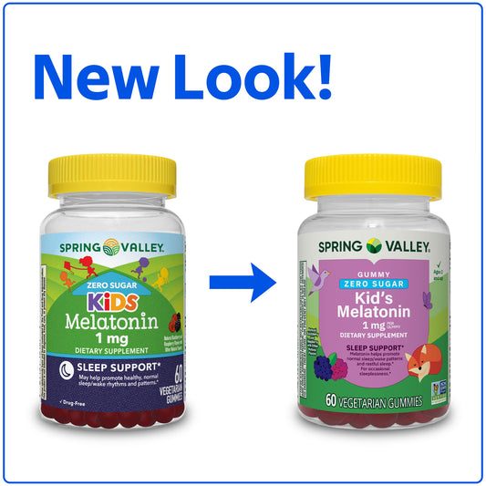 Spring Valley Zero Sugar Kids Melatonin Sleep Support Dietary Supplement Gummies, Blackberry and Raspberry, 1 mg, 60 Count