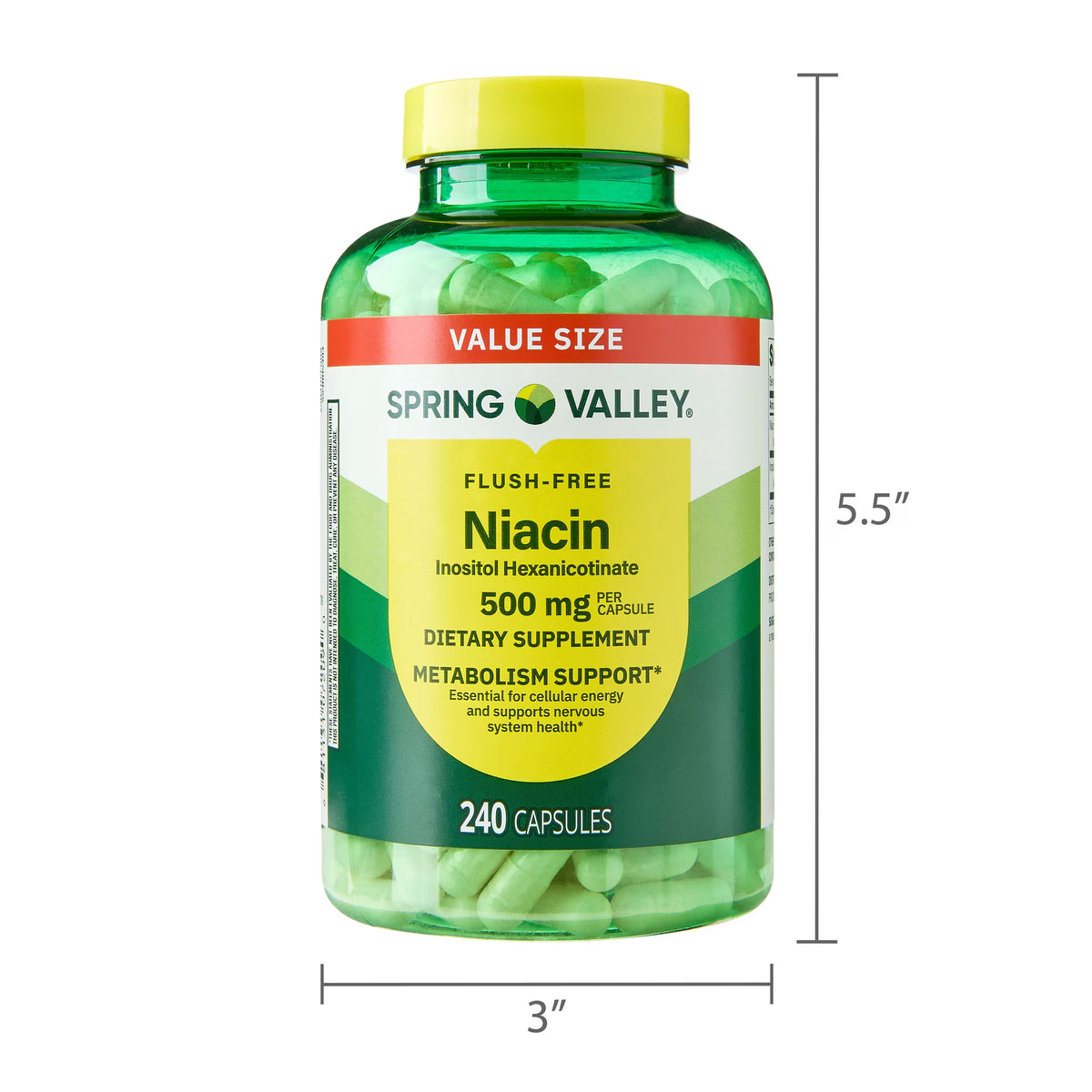 Spring Valley Flush Free Niacin Dietary Supplement Capsules for Metabolism Support, 500 mg, 240 Count