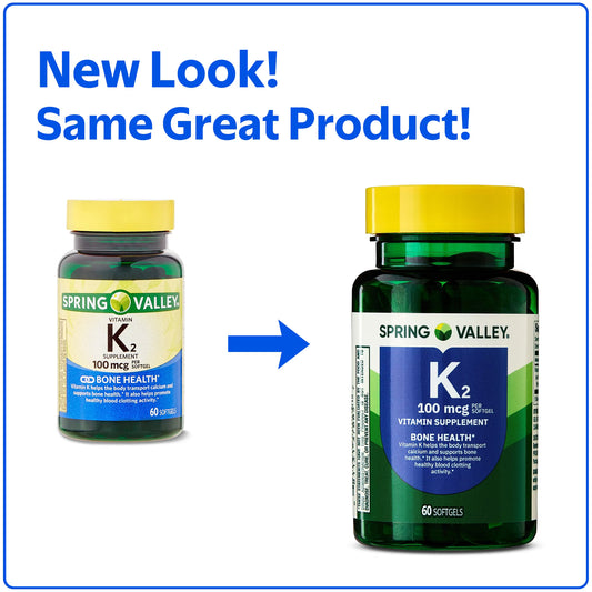 Spring Valley Vitamin K2 100mcg Soft Gel Capsules for Bone Health, 60 Count