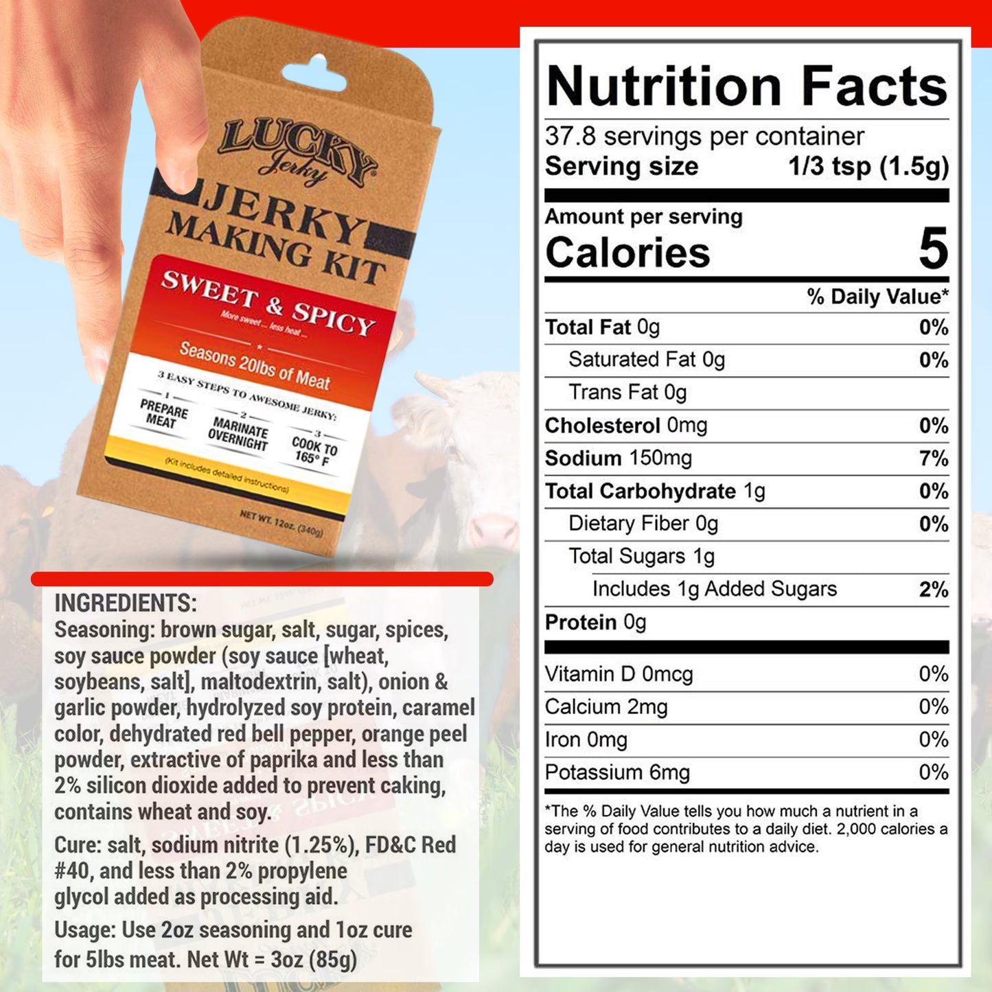 Lucky Jerky DIY Sweet & Spicy Seasoning Kit - Makes 20lbs of Jerky, Perfect for Slab & Stick Styles