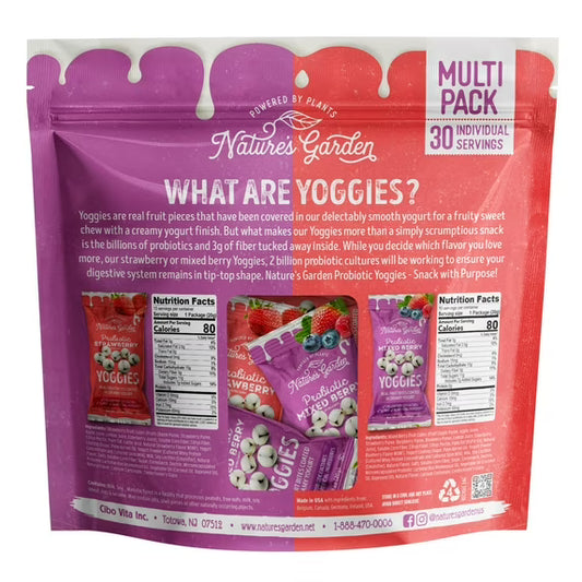 Probiotic Yoggies Multi Pack, 21oz (Strawberry Yoggies 15x0.7 oz +Mixed Berry Yoggies 15x0.7 oz), Strawberry and Mixed Berry Yogurt Covered Snack, High Fiber, Real Fruit Pieces, No Artificial Ingredients, Healthy Snack for Adults