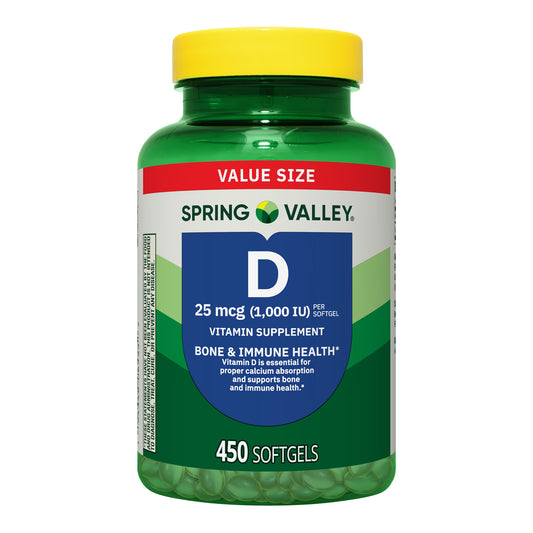 (3 pack) Spring Valley Vitamin D3 Softgels, 25 mcg (1000 IU), 450 Count, Supplement for Bone and Immune Health