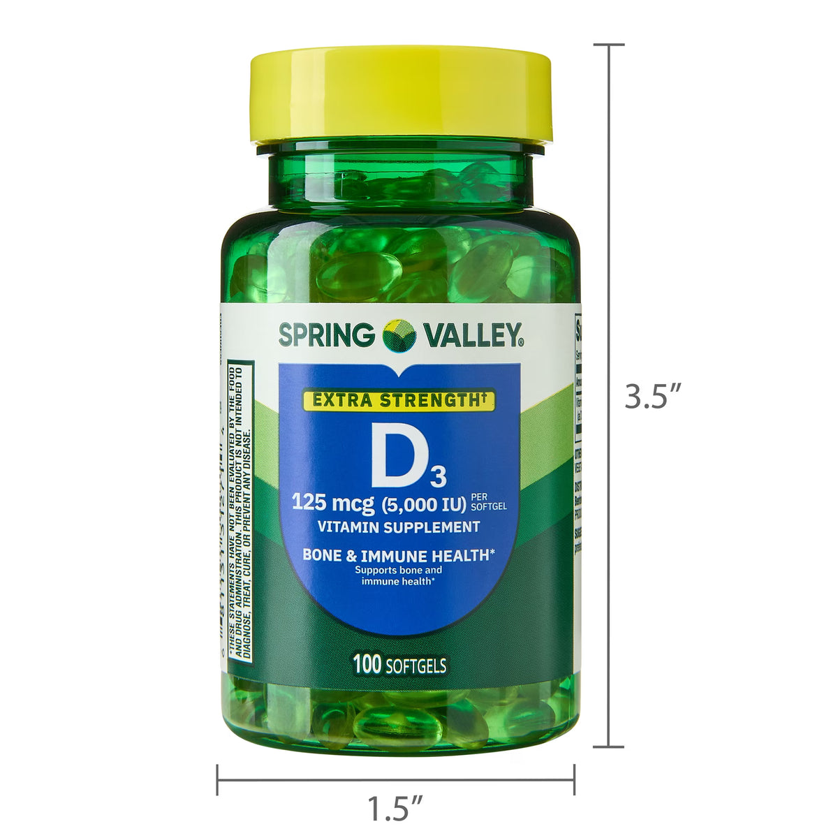 (3 pack) Spring Valley Extra Strength Vitamin D3 Softgels, 125 mcg (5000 IU), 100 Count, Supplement for Bone and Immune Health
