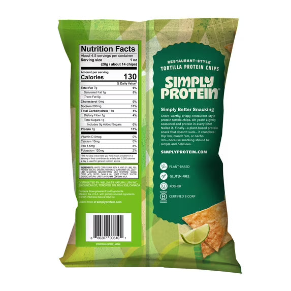 Simply Protein Restaurant Style Tortilla Chips, Hint of Lime, 7g Protein, Gluten Free, 1 pack, 4.58 oz