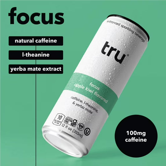 Tru Focus Seltzer, Sparkling Water, Green Tea Extract, Yerba Mate, Apple Kiwi Juice, Sugar-Free, 12 Pack