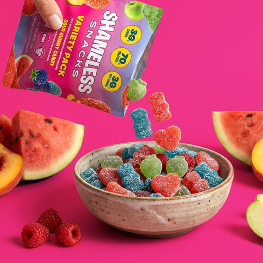 Shameless Snacks Variety Pack Low Calorie Sour Gummy Candy, Keto Friendly High Fiber Low Sugar Healthy Candy, Gluten Free Plant Based, 1.8 oz Bag
