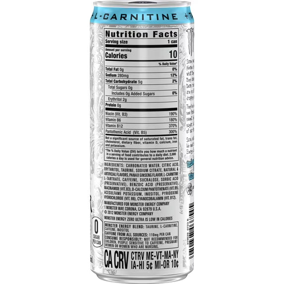 Monster Energy, Zero Ultra, Sugar Free Energy Drink, 4 Pack - 12 Fl Oz