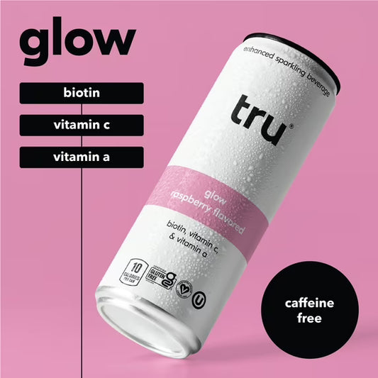 Tru Glow Seltzer Sparkling Water Raspberry Flavored Biotin Drink 12 Pack 12 oz