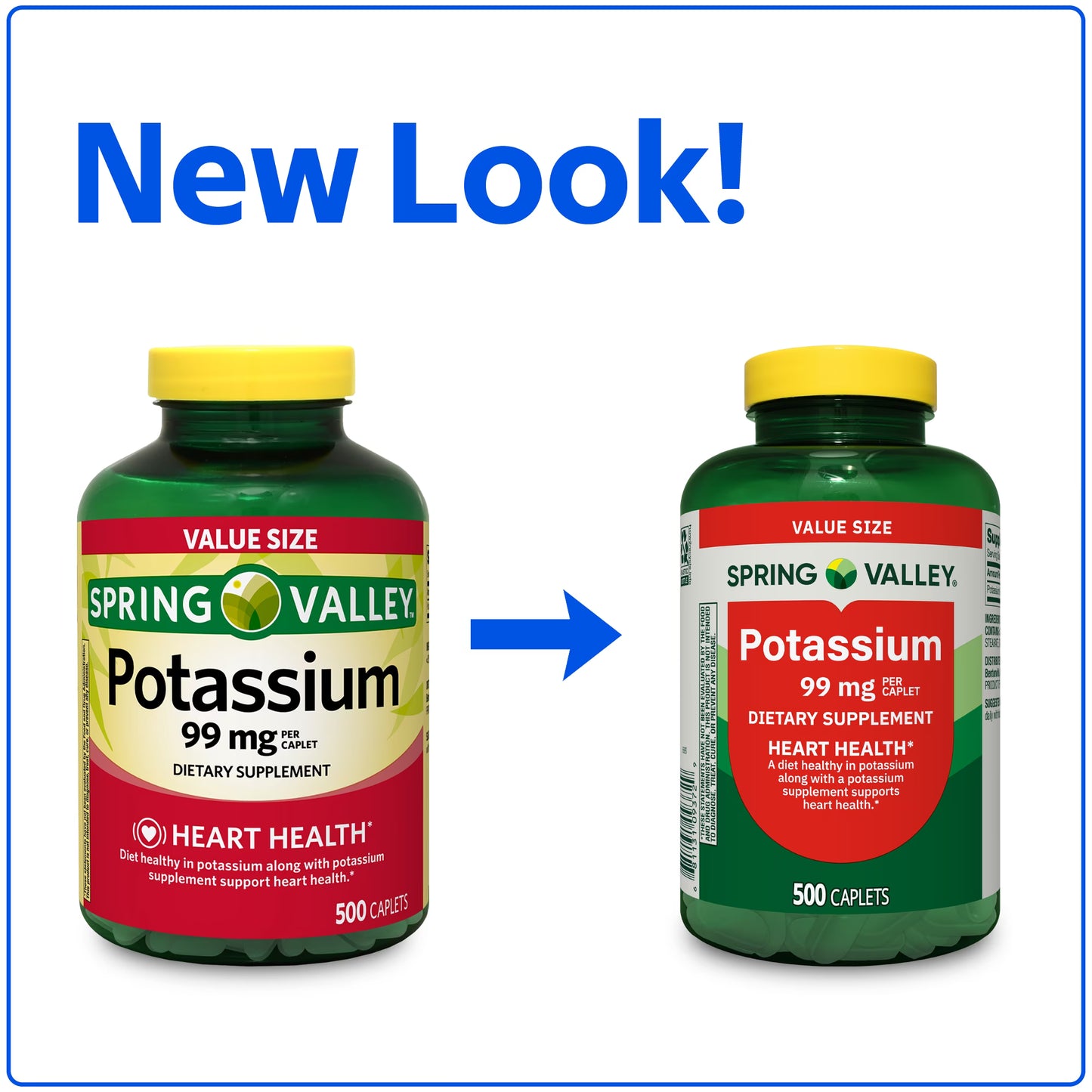 (2 pack) Spring Valley Potassium Dietary Supplement Caplets for Heart Health, 99 mg, 500 Count Value Size
