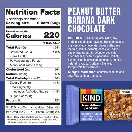 KIND Breakfast Peanut Butter Banana Dark Chocolate Gluten Free Protein Snack Bars, 1.76 oz, 6 Count One box