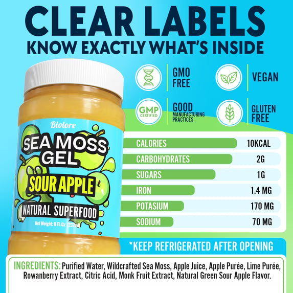 Biolore Sour Apple Sea Moss Gel, 8 oz – No Added Sugar, Vegan, Ready-to-Use Wildcrafted Sea Moss Gel with Monk Fruit, Smoothie & Food Add-In