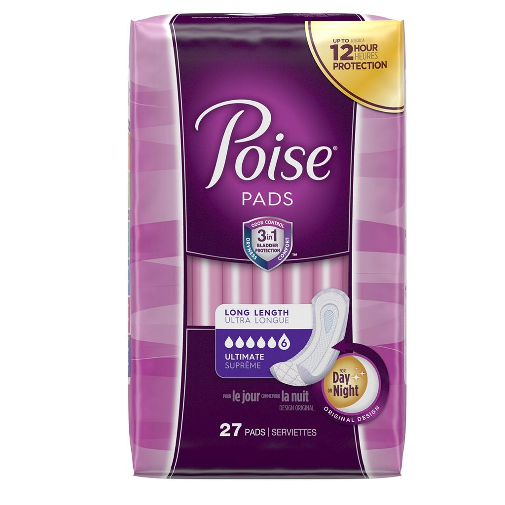 Poise 27 Day & Night Pads for Bladder Leaks - 6 Plus Drops - Ultimate 14 in. Long - Incontinence