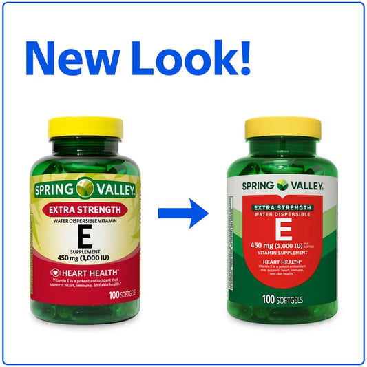 Spring Valley Extra Strength Water Dispersible Vitamin E Supplement Softgels for Heart Health, 450 mg (1,000 IU), 100 Count