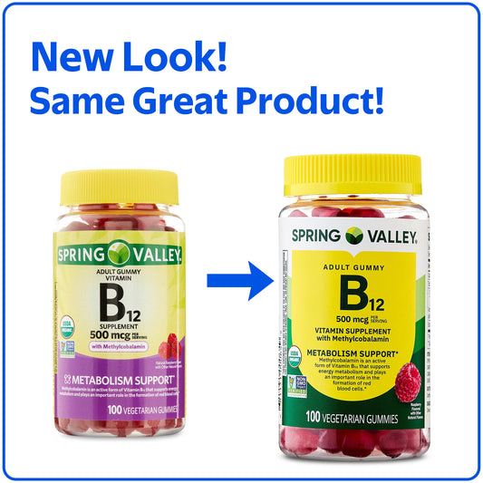 Spring Valley Vitamin B12 Supplement Vegetarian Gummies for Metabolism Support, Raspberry Flavor, 500 mcg, 100 Count