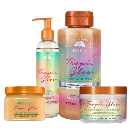 Tree Hut Tropic Glow Body Care Bundle with Sparkling Gel Wash, Shea Sugar Scrub & Moisturizing Shave Oil; Hydrating, Exfoliating & Smoothing Formula with Shea Butter for Soft, Radiant Skin