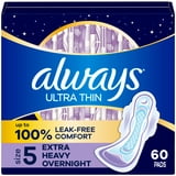 Always Ultra Thin Pads with Wings, Size 5, Extra Heavy Overnight Absorbency, 60 Count