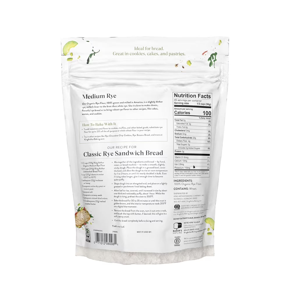King Arthur Baking Company USDA Organic, Non-GMO Project Verified Classic Medium Rye Flour, 3 lb Bag