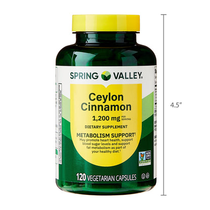 Spring Valley Ceylon Cinnamon Dietary Supplement Vegetarian Capsules for Metabolism Support, 1,200 mg, 120 Count