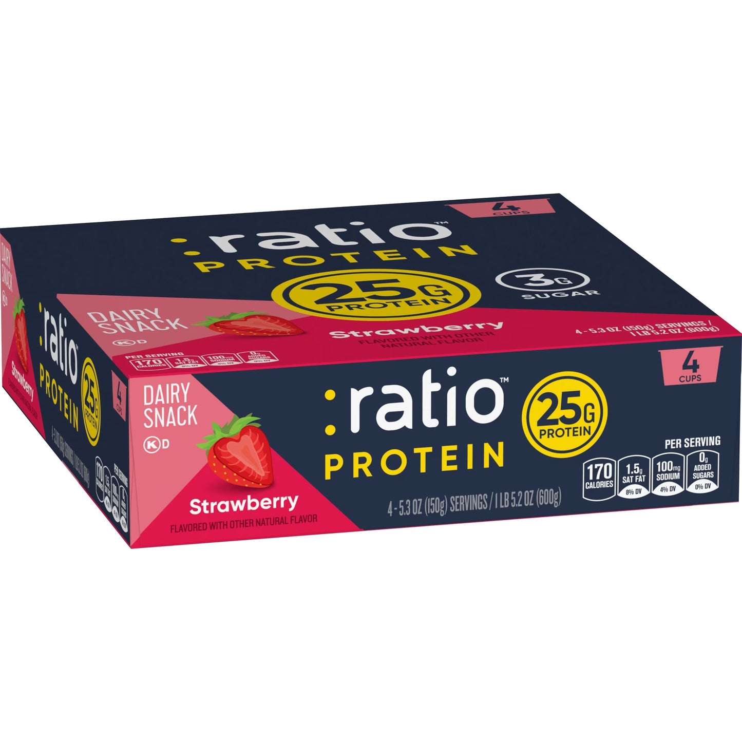 Ratio Yogurt Protein Cultured Dairy Snack, Strawberry, 25g Protein, 1 lb. 5.2 oz (4 Cups)