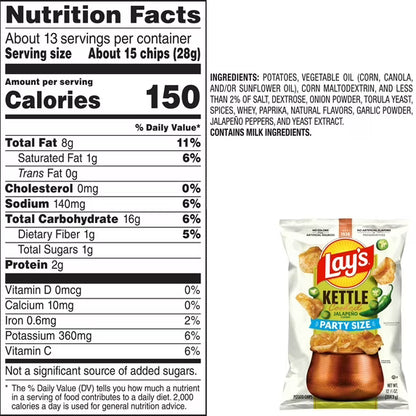 Lay’s Jalapeno Kettle Cooked Potato Chips Party Size Bag, 12.5 oz