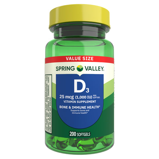 (3 pack) Spring Valley Vitamin D3 Softgels, 25 mcg (1000 IU), 200 Count, Supplement for Bone and Immune Health