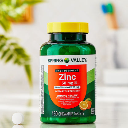 Spring Valley Fast Dissolve Zinc with Vitamin C, Chewable Tablets, Orange, 150 Count
