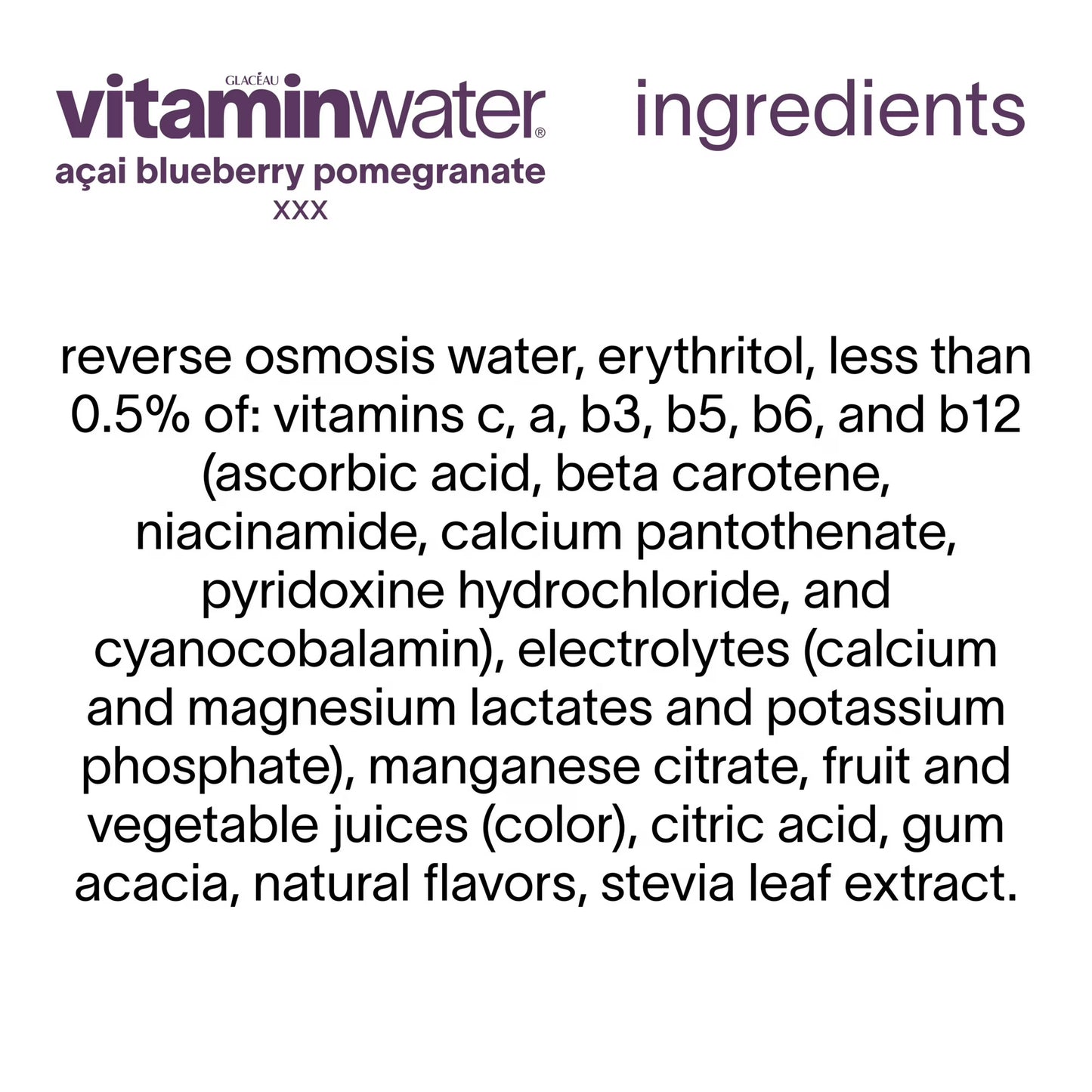 vitaminwater XXX Zero Sugar Acai-Blueberry-Pomegranate Water Beverage Bottles, 16.9 fl oz, 6 Pack