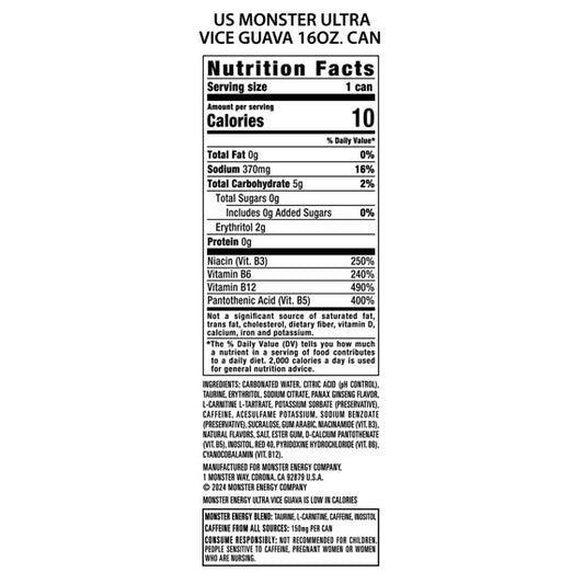 Monster Energy Ultra, Vice Guava, Sugar Free Energy Drink, 16 Fl Oz