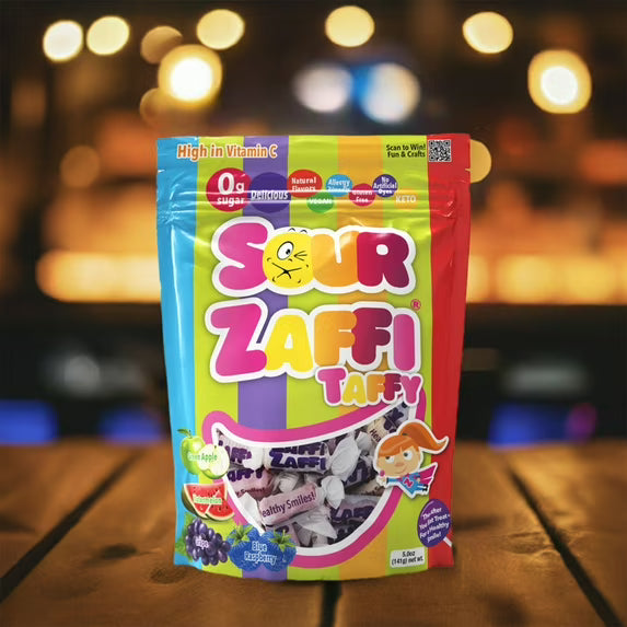 ZOLLIPOPS Sour Zaffi Taffy Sugar Free, Keto, Allergen & Diabetic Friendly, Assorted Fruit 5.0oz