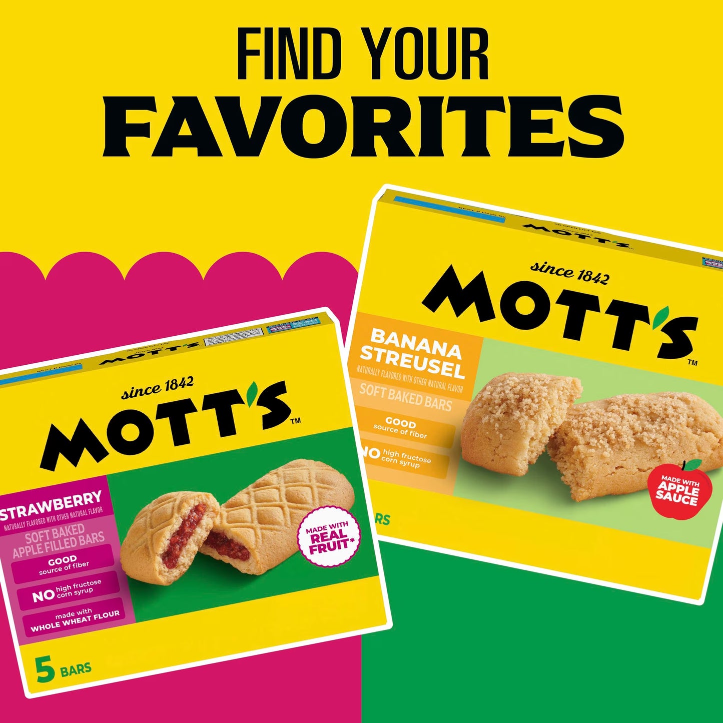 Mott's Soft Baked Apple Filled Bars, Raspberry Flavor Snacks, 5 Count, 6.55 oz