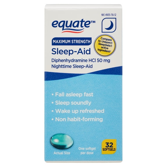 Equate Maximum Strength Nighttime Sleep-Aid Diphenhydramine HCl Sleep Support Softgels, 50 mg, 32 Count, Compare to Unisom SleepGels Active Ingredient