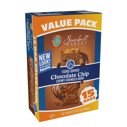 (3 pack) Sunbelt Bakery Chewy Granola Bars, Fudge Dipped Chocolate Chip, 15 Ct Value Pack, 16.91 Oz