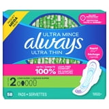Always Ultra Thin Pads with Wings, Size 2, Long Super Absorbency, 58 Count