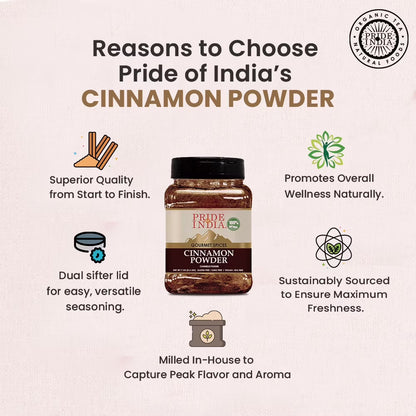 Pride of India – Natural Cinnamon Ground – Pure & Fresh – Gourmet Spice – Perfect for sweet & savory dishes – Easy to Use – Good for Restaurant Use - 7 oz. Medium Dual Sifter Bottle