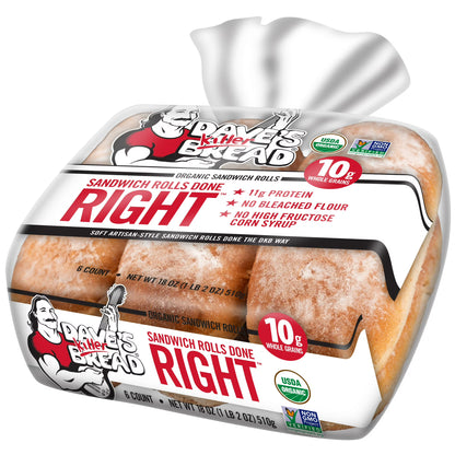 Dave's Killer, Bread Sandwich Rolls Done Right, Organic White Bread Sandwich Rolls, 6 Count