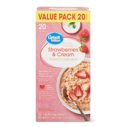 (4 pack) Great Value Strawberries & Cream Instant Oatmeal Value Pack, 1.05 oz, 20 Count