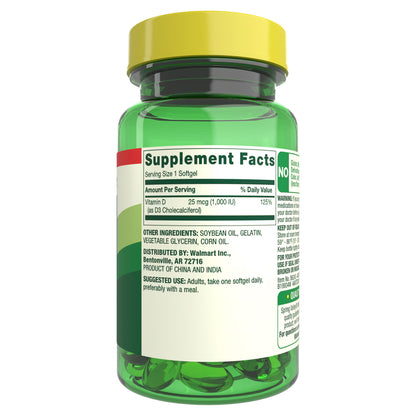 Spring Valley Vitamin D3 Softgels, 25 mcg (1000 IU), 200 Count, Supplement for Bone and Immune Health