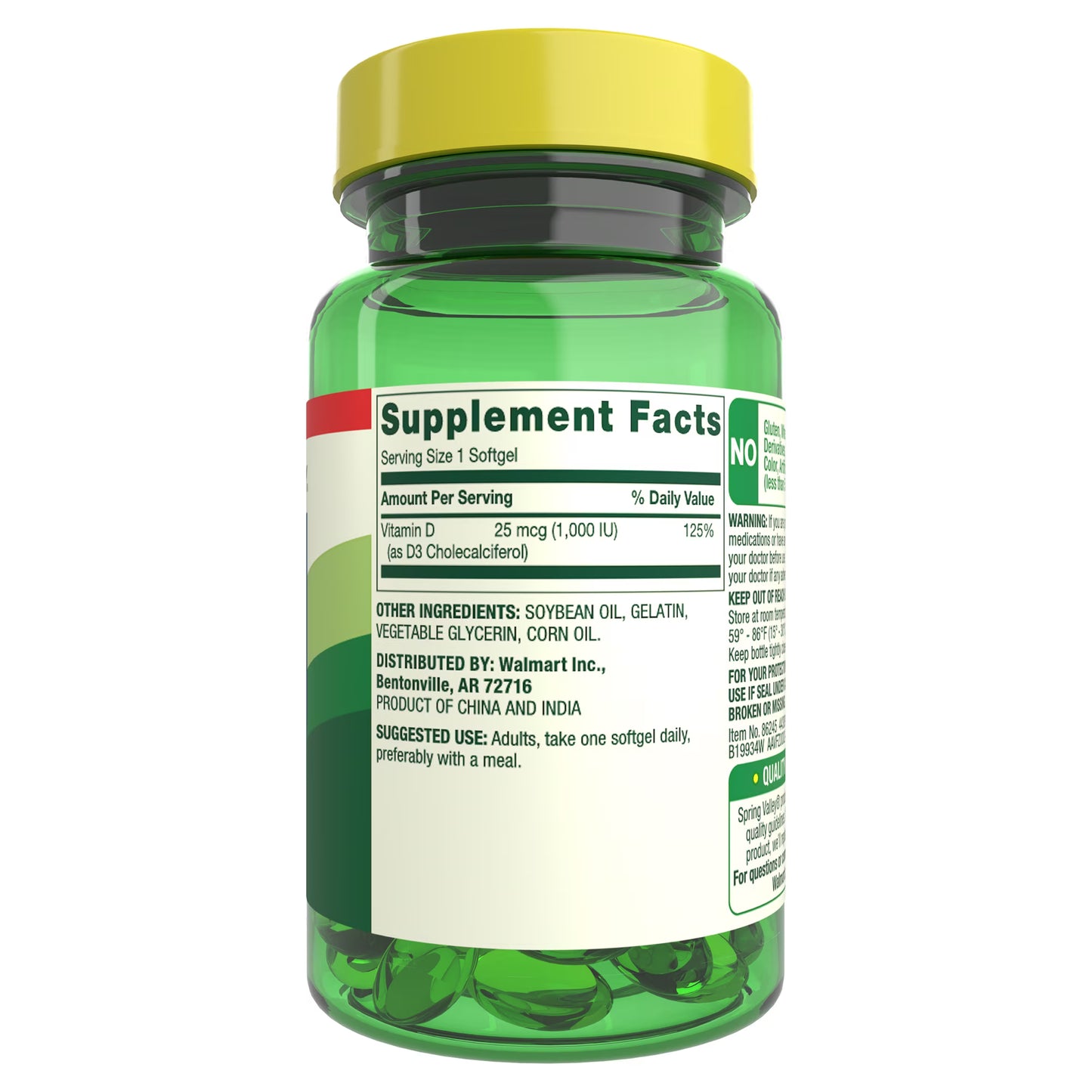 (3 pack) Spring Valley Vitamin D3 Softgels, 25 mcg (1000 IU), 200 Count, Supplement for Bone and Immune Health